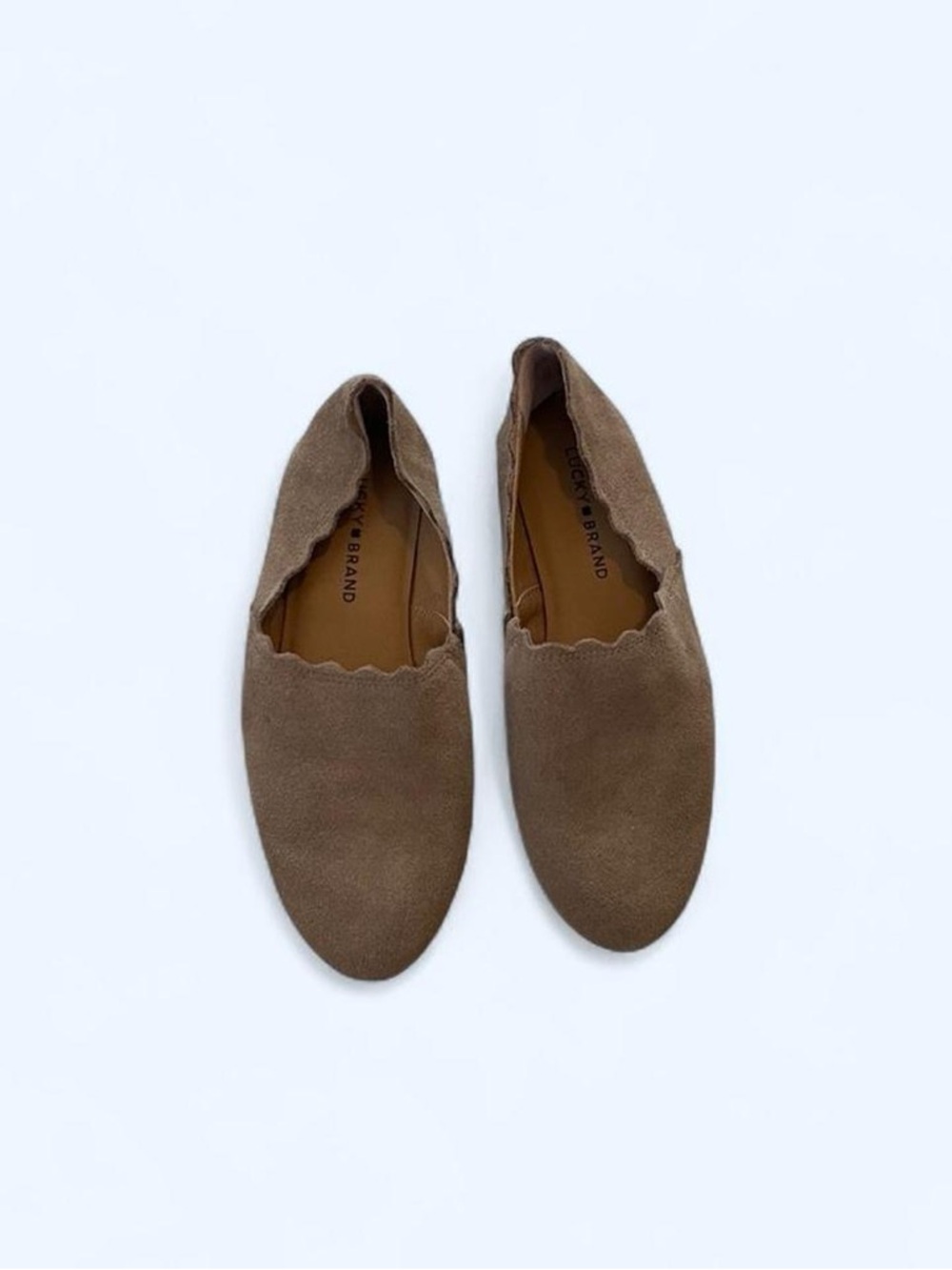 Tan suede scalloped loafers by Lucky Brand size 8